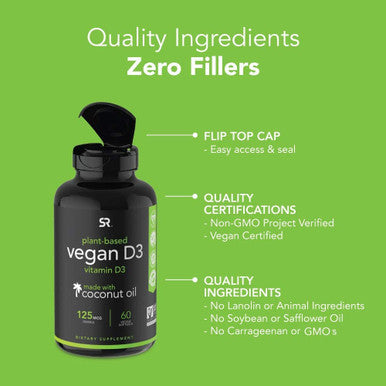 Vegan Vitamin D3 5000iu 125mcg with Coconut Oil 100 PlantBased Vitamin D Supplement for Bone Joint Immune Support Carrageenan Vegan NonGMO Verified 60 PlantGels