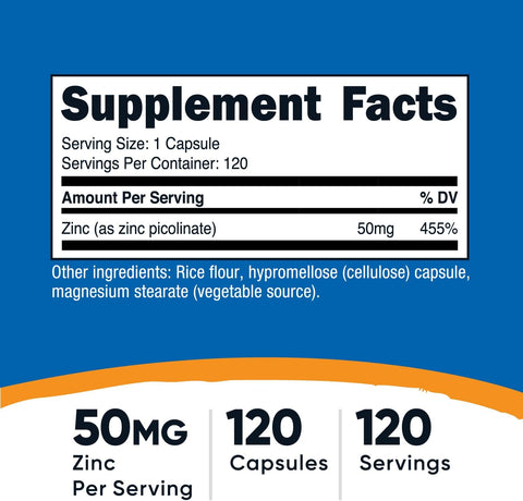 Nutricost Zinc Picolinate 50mg 120 Vegetarian Capsules GlutenFree GMOFree