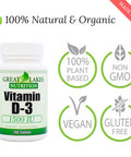 Great Lakes Nutrition Vitamin D3 Vegan Vitamin D Supplement for Men & Women 1500IU 100 Tablets