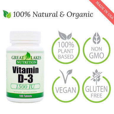 Great Lakes Nutrition Vitamin D3 Vegan Vitamin D Supplement for Men & Women 1500IU 100 Tablets