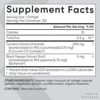 Sports Research Turmeric Curcumin C3 Complex - Softgels With Bioperine Black Pepper Extract & Organic Coconut Oil, Standardized 95% Curcuminoids - Non-Gmo Verified & Gluten - 500Mg, 120 Count