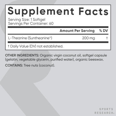Sports Research Double Strength L-Theanine Supplement - Suntheanine Softgels For Focus, Relaxation & Alertness - Non-Drowsy Support Made With Coconut Oil, Non-Gmo & Gluten - 200Mg, 60 Count