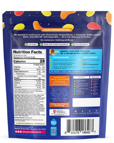 Drops Of Nature Mushroom Sleep Gummies Melatonin-Free Ashwagandha L Theanine Elderberry Lions Mane Turkey Tail Lemon Balm Gaba Nighttime Mushroom Superfood Blend (Mixed Fruits 50 Gummies)
