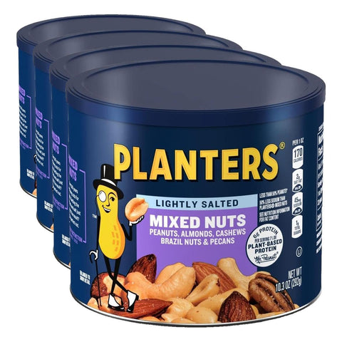 PLANTERS Lightly Salted Mixed Nuts, Plant Based Protein, 10.3 Oz (1 Ct) | Mixed Nuts: Almonds, Cashews, Peanuts, Pecans, Brazil Nuts. Snacks for Adults. Resealable Canister. Party Snack