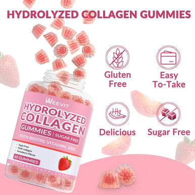 Sugar-Collagen Gummies For Women, Hydrolyzed Collagen Peptides Gummies With Biotin, Collagen Supplements Gummy With Vitamin B12, C, D, Zinc For Hair Skin Nail