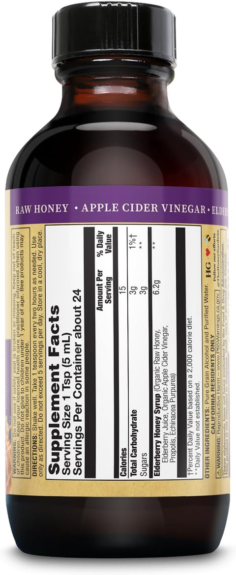 Honey Gardens Elderberry & Honey Immune Syrup - Black Elderberry Syrup For Adults & Kids Natural Throat Defense Wellness Supplement With Propolis & Organic Apple Cider Vinegar - 8 Fl Oz