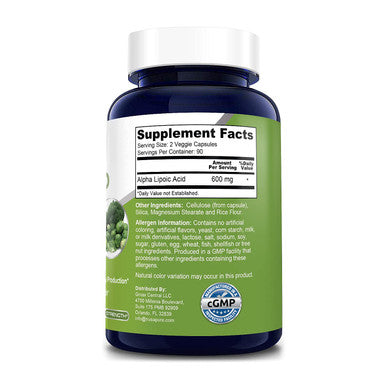 Alpha Lipoic 600 mg 180 Veggie Capsules (Vegetarian, Non-GMO & Gluten-Free) - 300 mg per Capsule