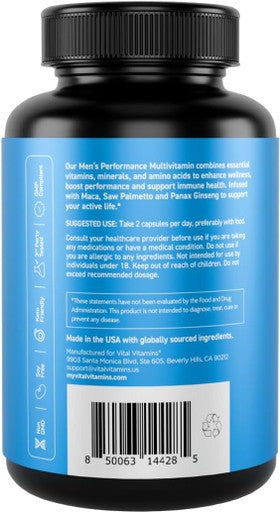 Vital Vitamins Men'S Multivitamin Complex - Made With Essential Amino Acids & Maca Root - With Vitamin A, C, E, B6, B12, D3 & Male Performance Blend - Daily Mens Multivitamin - 60 Capsules