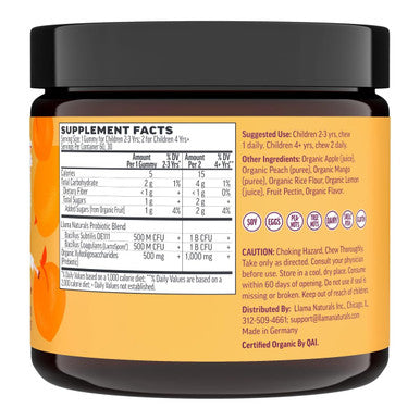 Llama Naturals Kids Probiotic with Prebiotic Fiber Vegan Organic Prebiotics and Probiotics Gummies for Gut Health Support Toddler Real Fruit Gummy Vitamins No Added Sugar Cane Peach Mango 60 Ct