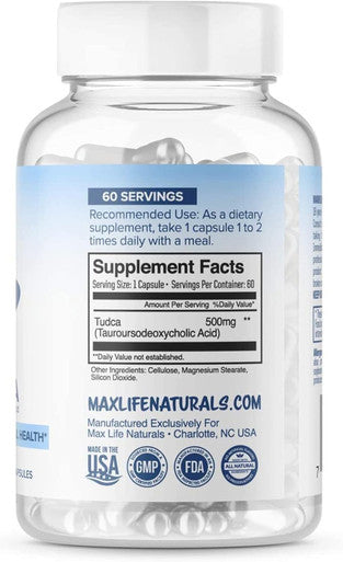 Maxlife Naturals Tudca Liver Support Supplement - Tudca 500mg 60 SERVINGS - Liver Cleanse - Liver Rescue Aid Bile Salts - Tudca Bile Salt - Assist Liver Detox Cleanse Tudca Supplement (Tauroursodeoxycholic Acid)