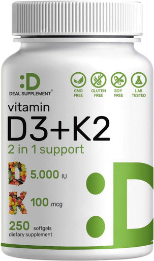 Deal Supplement Magnesium Glycinate 500mg Veggie Capsules & Vitamin D3 5000iu + K2 100mcg Softgels Bundle - Easily Absorbed Chelated Mineral - D & K Essential Sunshine Vitamins