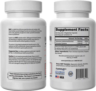Superior Labs NAC NAcetyl Cysteine Dietary Supplement with Selenium 1200mg 150 Vegetable Capsules Free Radical Protection Normal Immune System Function Maintains Cellular Health