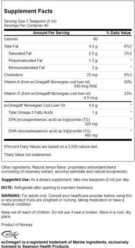 Swanson Pristine Norwegian Cod Liver Oil 7 fl Ounce (200 ml) Liquid (4 Pack)