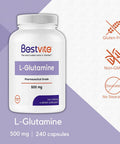 L-Glutamine 500mg per Capsule (240 Capsules) - No Dicalcium Phosphate - No Stearates - Non GMO - Gluten Free