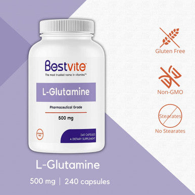 L-Glutamine 500mg per Capsule (240 Capsules) - No Dicalcium Phosphate - No Stearates - Non GMO - Gluten Free