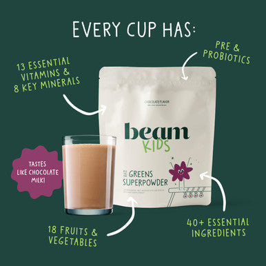 Beam Kids All in One Superfood Powder Nutritional Shake Organic Greens Probiotics Vitamins Immune Support Gut Health Superfood Drink Daily Nutrition for Children No Artificial Sweeteners