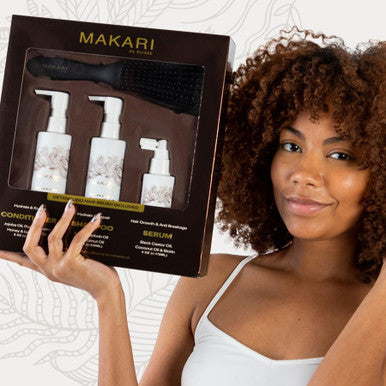 Makari Hair Care Set With Shampoo, Conditioner, Serum & Brush Biotin, Black Castor Oil, Jojoba & Honey Hydrates, Strengthens, Reduces Frizz & Adds Shine No Sulfate, Parabens Or Silicone