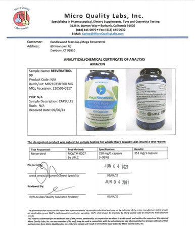 Mega Resveratrol, Pharmaceutical Grade,99% Pure, Isolate, Micronized Trans-Resveratrol, 120 Veggie Caps, 500Mg Per Capsule. Purity Certified. Absolutely No Toxic Inactive Ingredients Added.