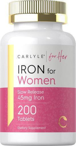 Carlyle Iron Pills for Women | 45mg | 200 Slow Release Tablets | Vegetarian Non-GMO Gluten Supplement | for Her