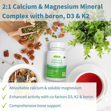 Calcium & Magnesium 2:1, Plant Based Algae Mineral Complex, Bone & Teeth Support, High Absorption Formula with Cofactors Boron, Vitamin D3 & K2, Vegan, 60 Tablets, by Igennus
