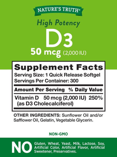Nature's Truth Vitamin D3, 2,000 IU, Bonus, 250+50 Count