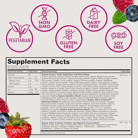 Zena Nutrition Organic Supergreens Greens Powder 70+ Superfoods Mixed Berry 30 Servings + Bovine Colostrum & Collagen Powder Supplement Supports Immunity Digestion Hair Beauty