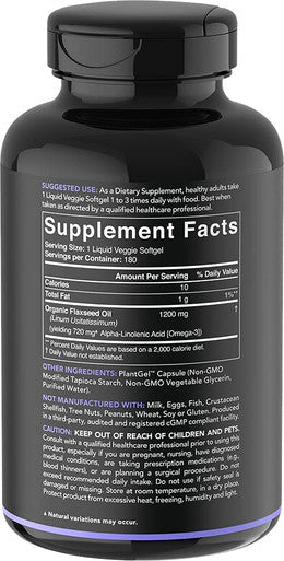 Vegan Flaxseed Oil 1200mg Herbal Supplement with PlantBased ALA Omega 3 Vegan NonGMO Project Verified Gluten Soy Carrageenan 180 Veggie softgels