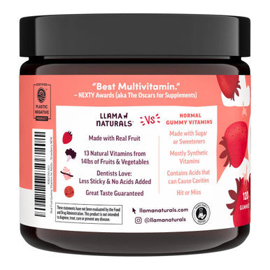 Llama Naturals Multivitamin for Women & Men Vegan Organic Gummies with Vitamin D C & K Adults Real Fruit Gummy Vitamins Chewable Multivitamin Supplement No Added Sugar Cane Strawberry 120 Ct
