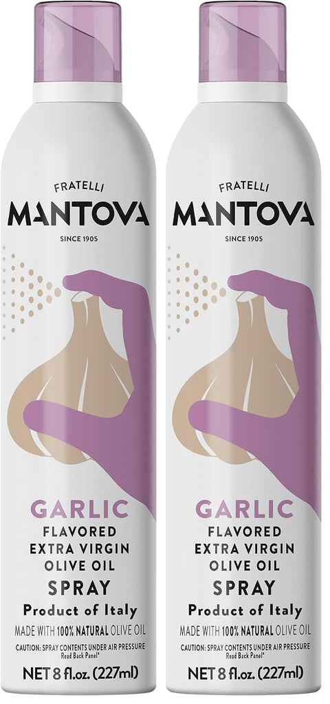 Mantova Extra Virgin Olive Oil Spray Garlic Flavored 8 oz. Spray Bottle - Manage Oil Amount - Great For Salads & Cooking