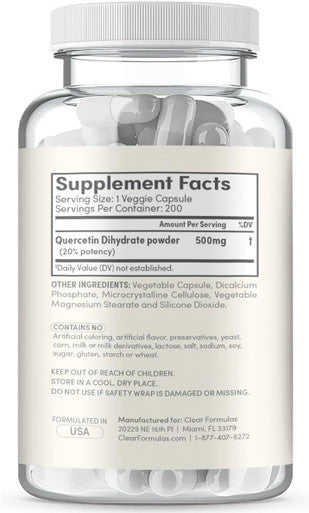 High Strength Quercetin 500Mg Capsules - Quercetin Dihydrate Potent Flavonoid Antioxidant And Nutraceutical For Heart And Immune Support - Vegan Friendly - Made In A Cgmp Us Lab (200 Servings)
