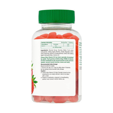 Chewy Vites Adult High Strength Vitamin D3 60 Vitamin D Gummies 25 micrograms 1000 IU 2 Months Supply Vegan Real Fruit Juice Strawberry Flavour