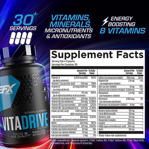 Efx Sports Vita Drive Multivitamin Formulated For Athletes Complex Of Vitamins Minerals Micronutrients & Antioxidants 30 Servings 120 Capsules