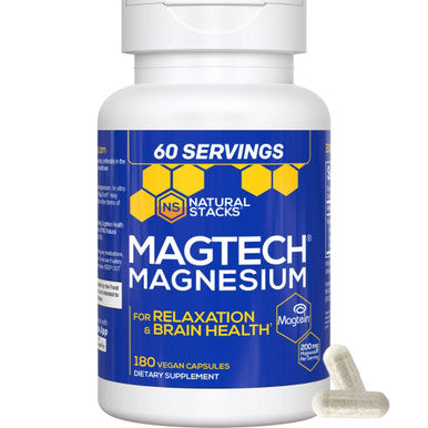 NATURAL STACKS MagTech Magnesium Complex for Women & Men - 3 Forms of Magnesium: Glycinate Magtein L-Threonate & Taurate - 200mg Chelated Complex - Support for Relaxation & Brain Health