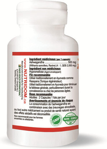 Ashwagandha Root Extract 500 mg (2000 mg Raw Equivalent), 4:1 Concentrate Ratio, 60 Vegan Capsules, Stress Relief & Mood Support Supplements, Non-GMO, Made in Canada