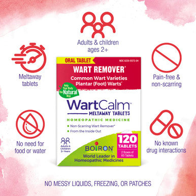 Boiron WartCalm for Painless Wart Removal on Hands, Knees, Plantar (Feet), and Other Bodily Warts for & Children Ages 2+ - 120 Count (2 Pack of 60)