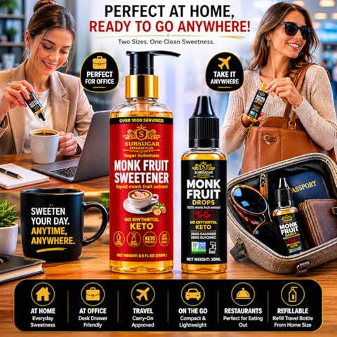 SubSugar Pure Monk Fruit Sweetener Home & Travel Bundle ÃƒÂ¢Ã¢â€šÂ¬Ã¢â‚¬Å“ 250ml Liquid Monk Fruit Drops + 30ml Travel Size ÃƒÂ¢Ã¢â€šÂ¬Ã¢â‚¬Å“ No Erythritol, Zero Sugar, Keto Friendly