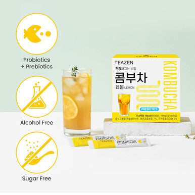Teazen Lemon Kombucha Tea Hydration Drink Mix Sugar Live Probiotics & Prebiotics 30 Sticks 5.29oz
