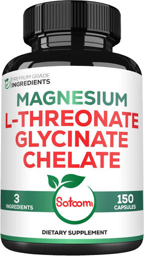 Satoomi 1200Mg 3In1 Magnesium L-Threonate 500Mg Supplement With Magnesium Glycinate 500Mg & Magnesium Chelate 200Mg - 150 Vegan Capsules