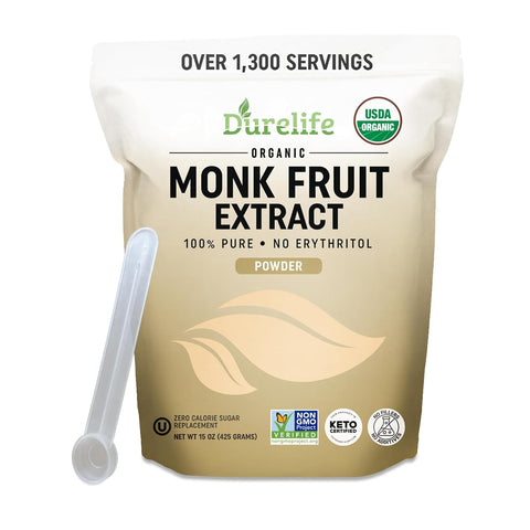 Durelife Organic 100% Pure Monk Fruit sweetener, No Erythritol, Monkfruit Extract Powder, USDA organic NON-GMO Project Verified, Keto Certified, OU kosher No Fillers Zero Calorie Sugar Substitute 5 OZ