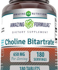 Amazing Nutrition Formulas Choline Bitartrate - 650 MG 180 Tablets (Non-GMO Gluten ) Supports Nerve & Brain Health - Promotes Cellular Function - Cognitive Support