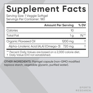 Sports Research Vegan Flaxseed Oil (1200Mg) Herbal Supplement With Plant-Based Ala Omega 3 - Vegan Certified & Non-Gmo Verified - Gluten, Soy & Carrageenan (180 Veggie Softgels)