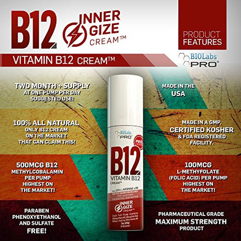 Biolabs Pro Innergize B12 Cream - All Natural Topical B12 W/B6 & 10 L-Arginine - Advanced Neurological & Preworkout Support - Professional Grade Methyl B12 - B6