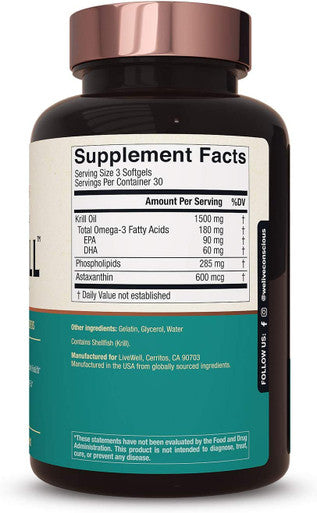 KrillWell Heart, Joint, and Cognitive Support | Certified Sustainable Krill Oil 2X More Effective Than Fish Oil - 30 Day Supply