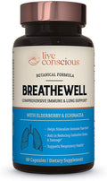 Live Conscious BreatheWell Botanical Respiratory Immune Supplement | with Echinacea, Elderberry, Zinc | Immune System Support Vitamins 60 Capsules