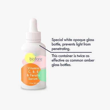 Vitamin C B E, and Ferulic Serum For Face By BioBare | 20% Pure Vitamin C W/Hyaluronic Acid | Helps Keep Skin Young, Moist, Bright & Glowing | Helps With Fine Lines, Wrinkles, Dark Spots | 1Fl Oz