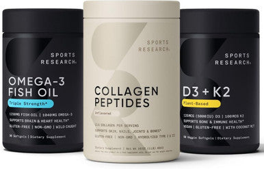 Sports Research Unflavored Collagen Peptides Triple Strength Omega 3 Burpless Fish Oil From Single-Source Wild Alaskan Pollock And Plant Based Vitamin D3 + K2 With Coconut Oil