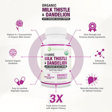 Max Absorption Usda Organic Milk Thistle Potent 5:1 Concentrated Extract (2000Mg Strength) & Organic Dandelion Root Silymarin Antioxidant Flavonoid Liver Support Supplement (60 Count (Pack Of 1))