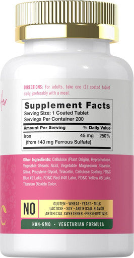 Carlyle Iron Supplement For Women 45Mg 200 Slow Release Tablets Vegetarian, Non-Gmo, Gluten Pills For Her