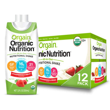 Orgain Organic Vegan Plant Based Nutritional Shake Vanilla Bean 16g Protein 12 Count Organic Nutritional Shake Strawberries Cream Meal Replacement 16g Protein 11 Ounce Pack of 12