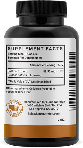 Saffron Extract Capsules - Premium Saffron Supplements - 88.50 mg Pure Saffron Pills - Mood Support - Eye Support - Made in The USA - 60 Capsules